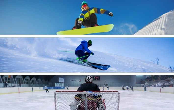 Montagem com três exemplos de esportes de inverno